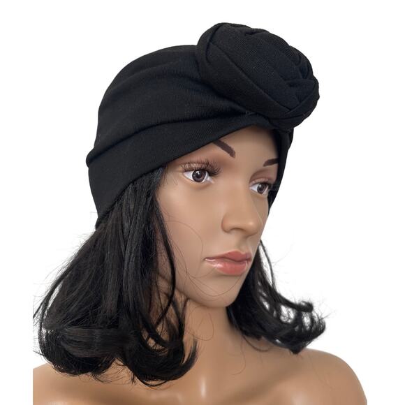 1960s Black Knit Turban Hat Rosette Detail main image 9